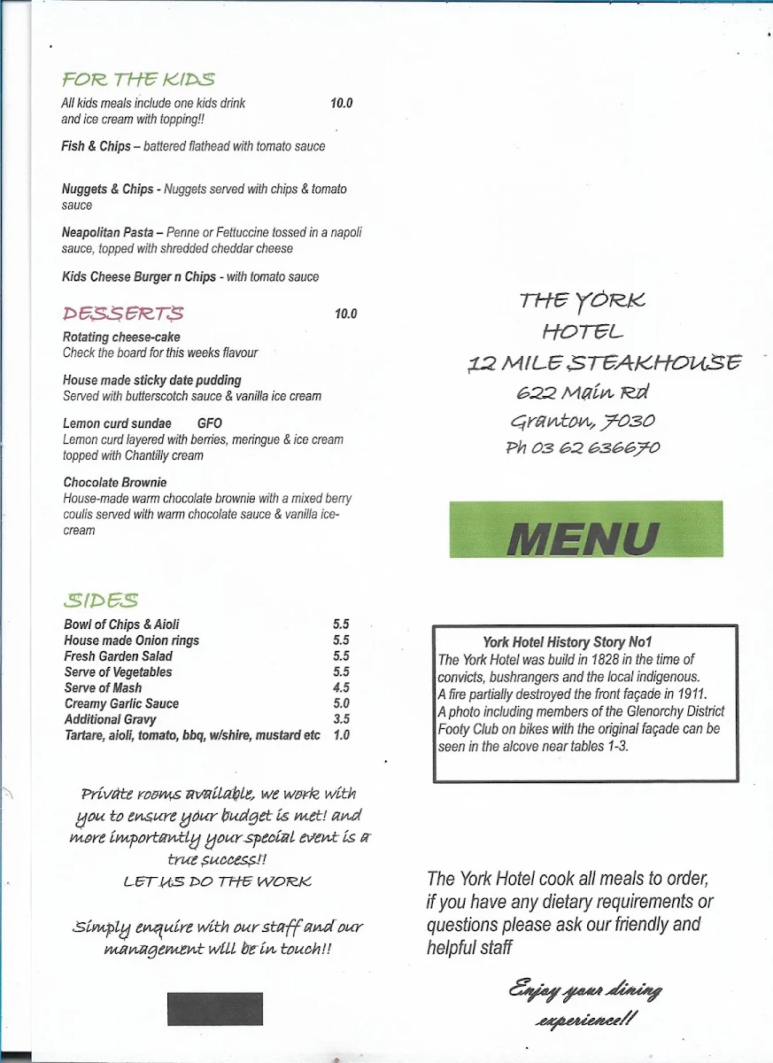 Menu, 12 Mile Steakhouse