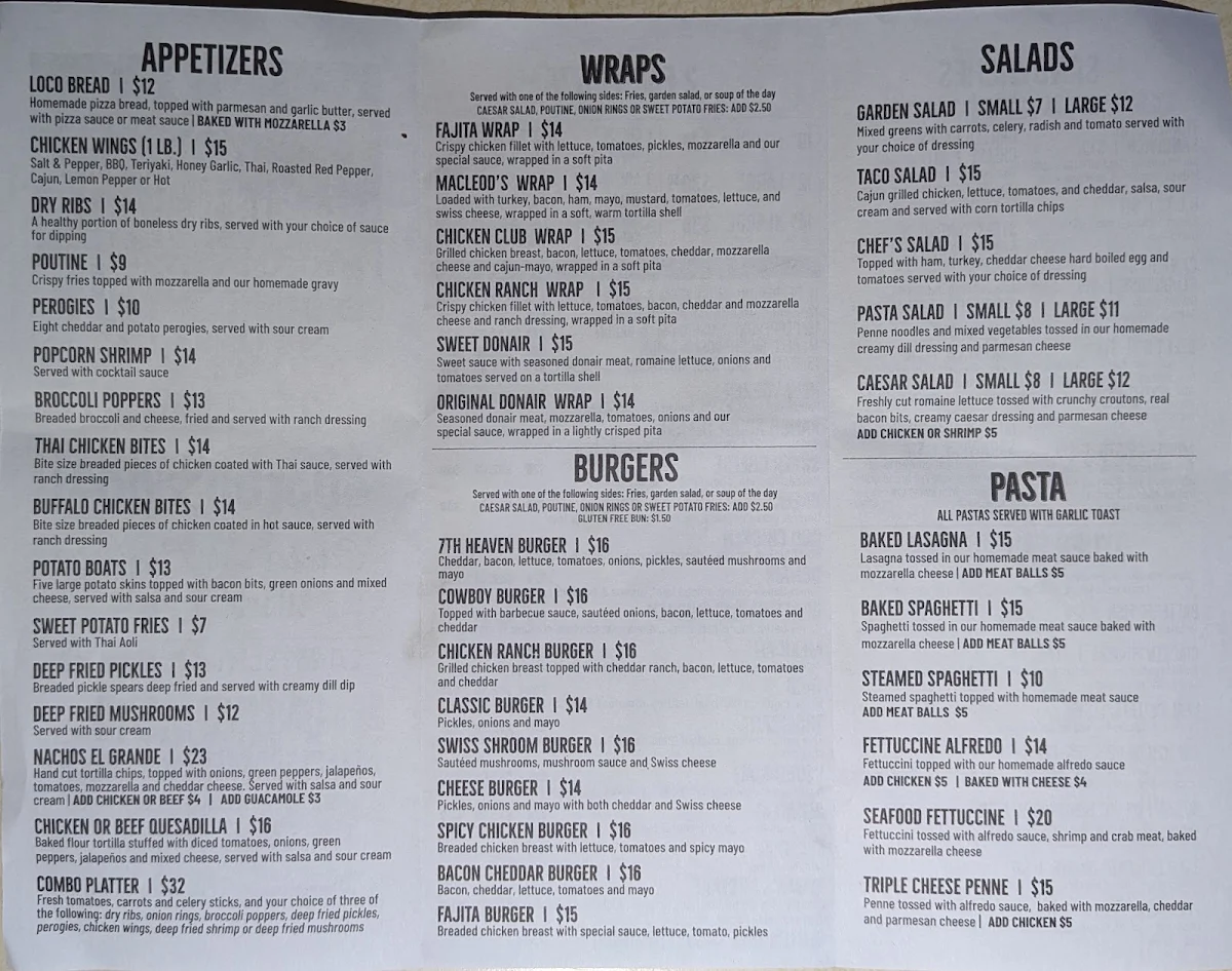 Menu, MacLeod's Restaurant & Lounge