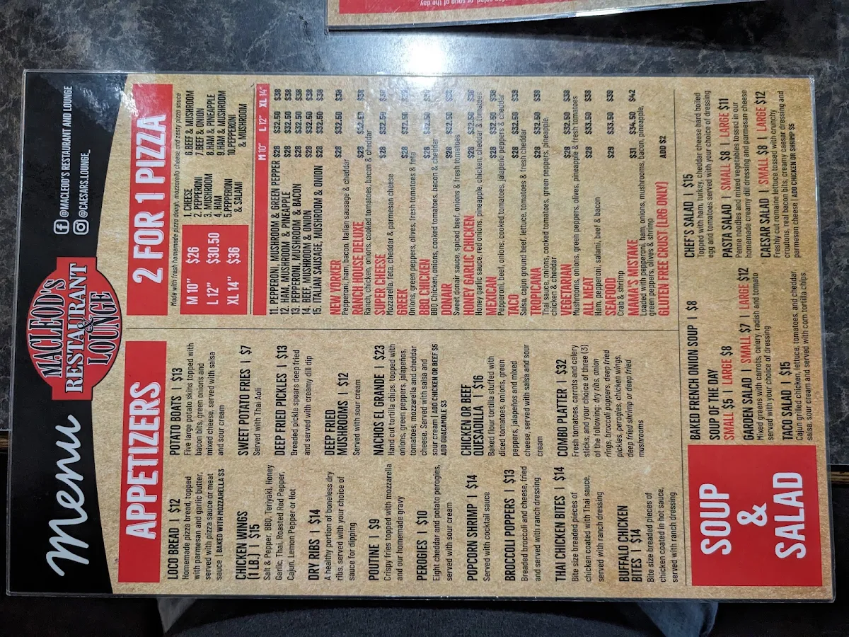 Menu, MacLeod's Restaurant & Lounge