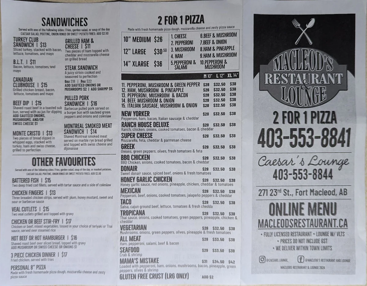 Menu, MacLeod's Restaurant & Lounge