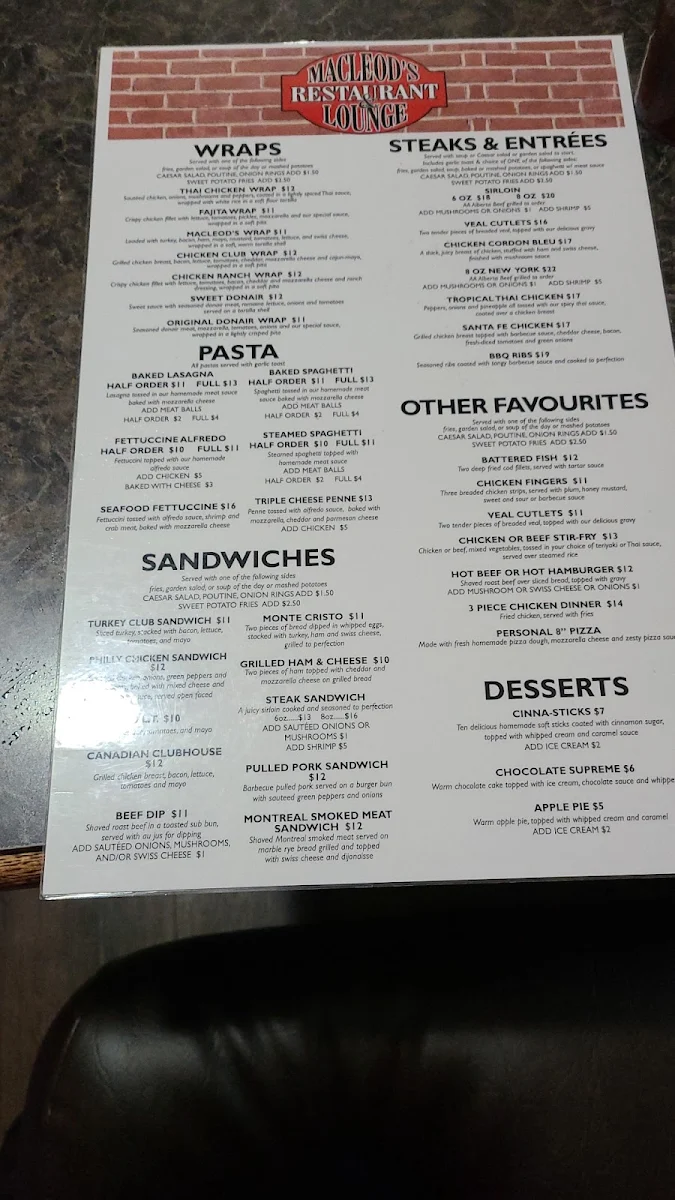 Menu, MacLeod's Restaurant & Lounge