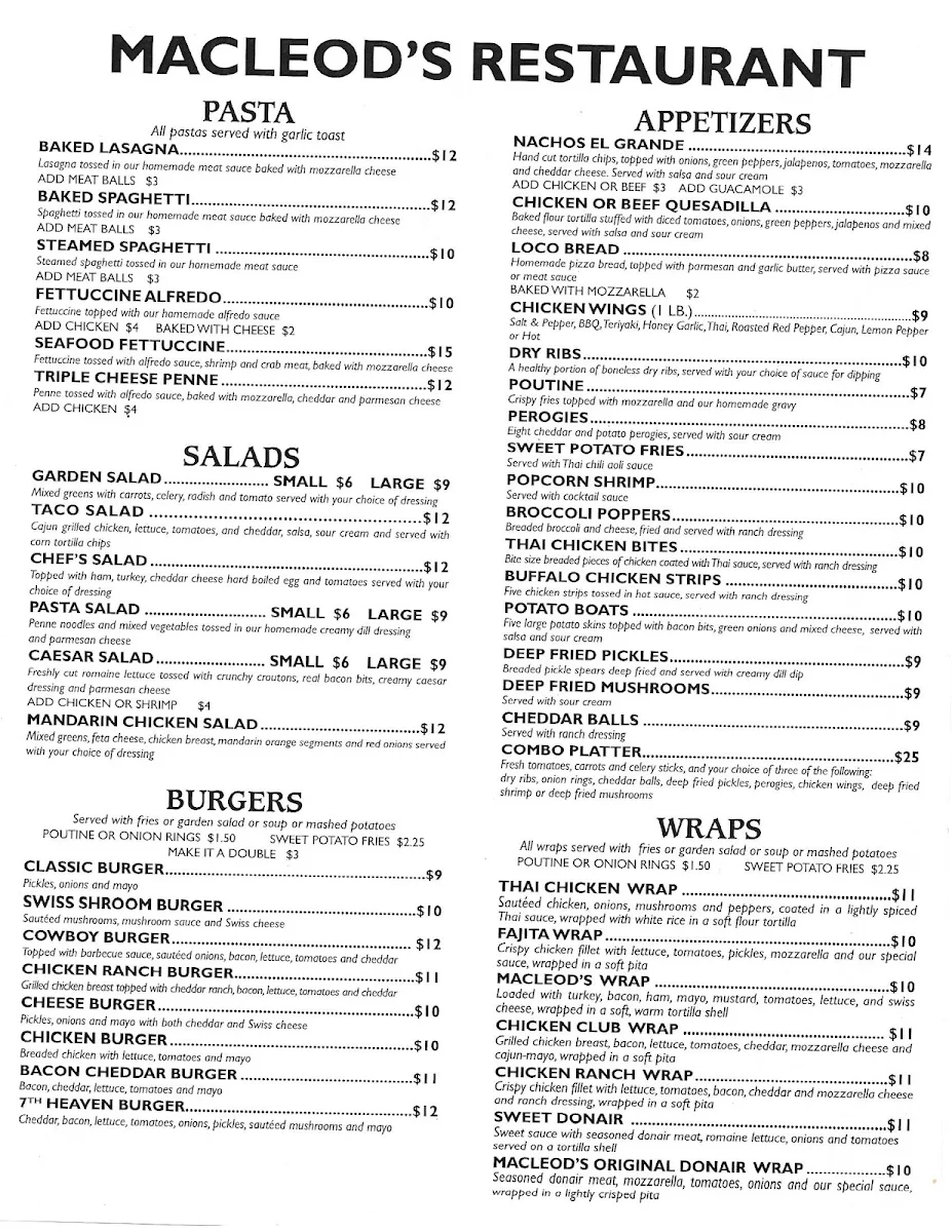 Menu, MacLeod's Restaurant & Lounge