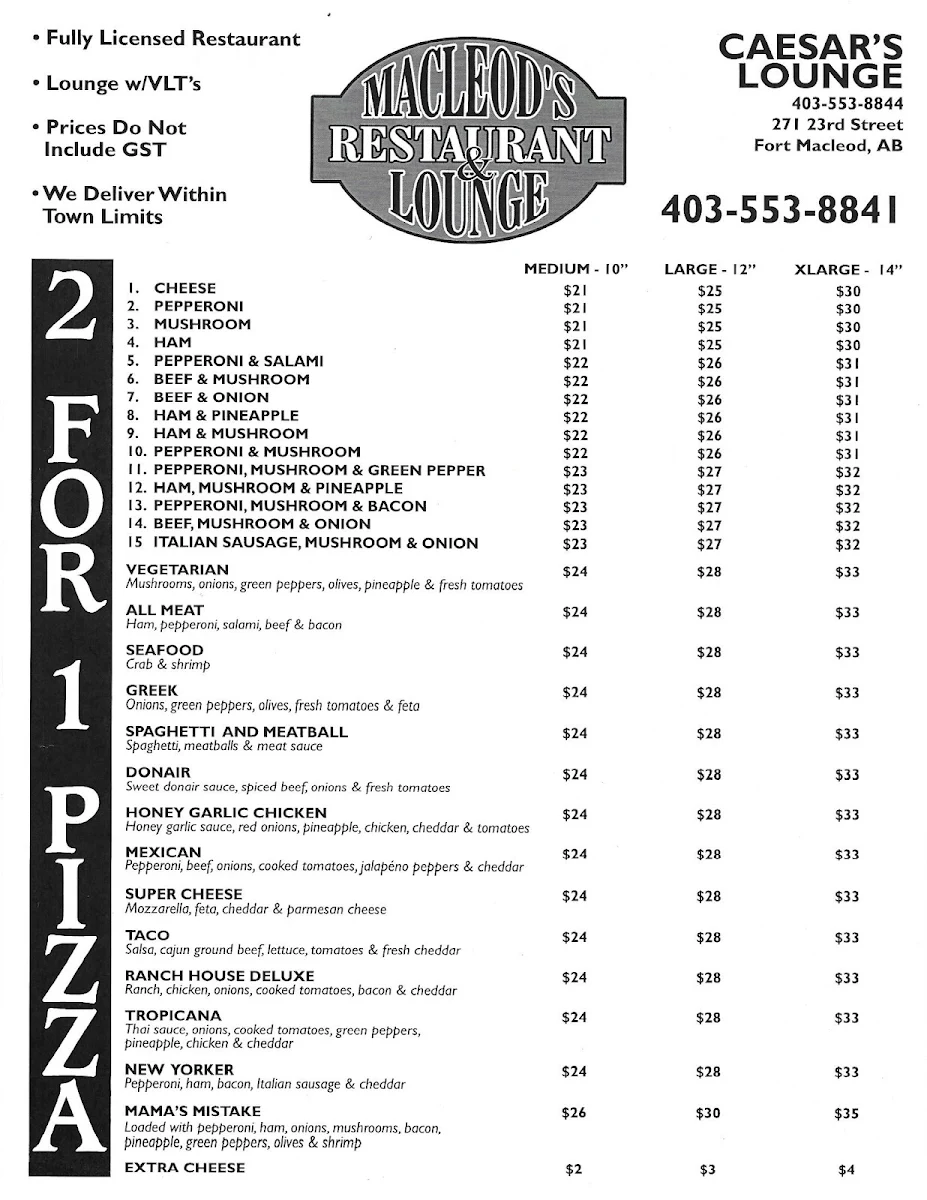 Menu, MacLeod's Restaurant & Lounge