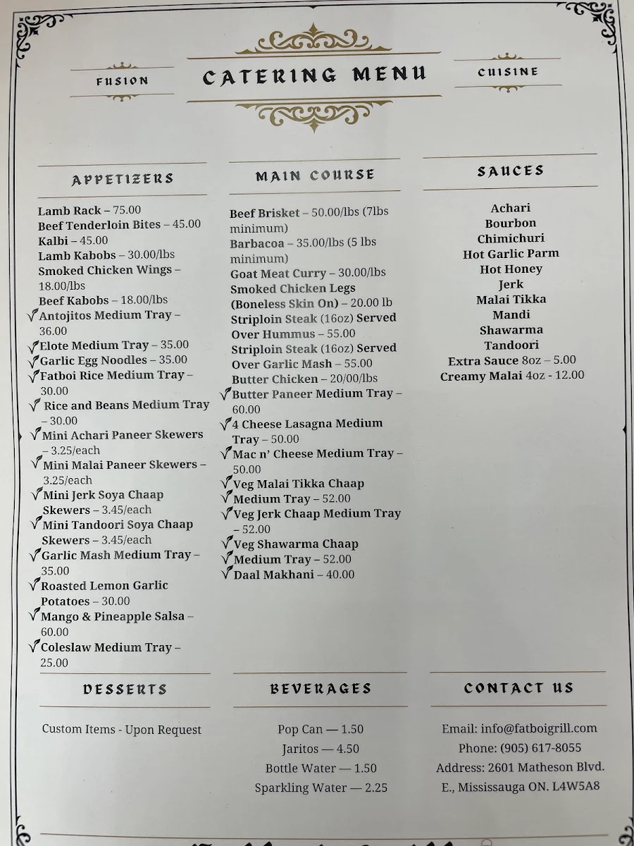 Menu, Fatboi Grill