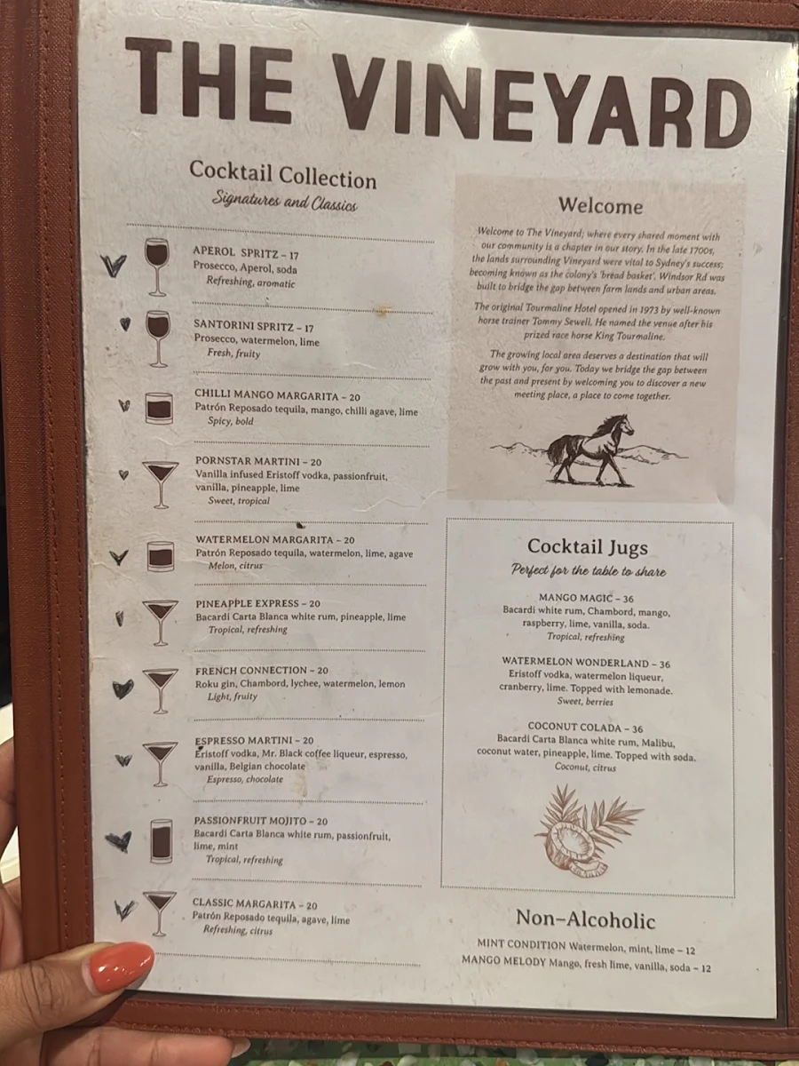 Menu, The Vineyard - Sydney
