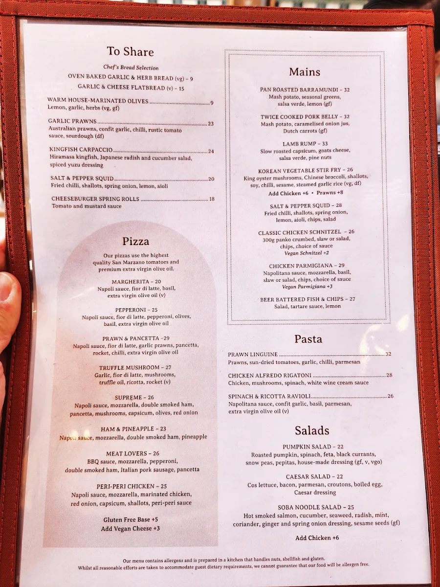 Menu, The Vineyard - Sydney
