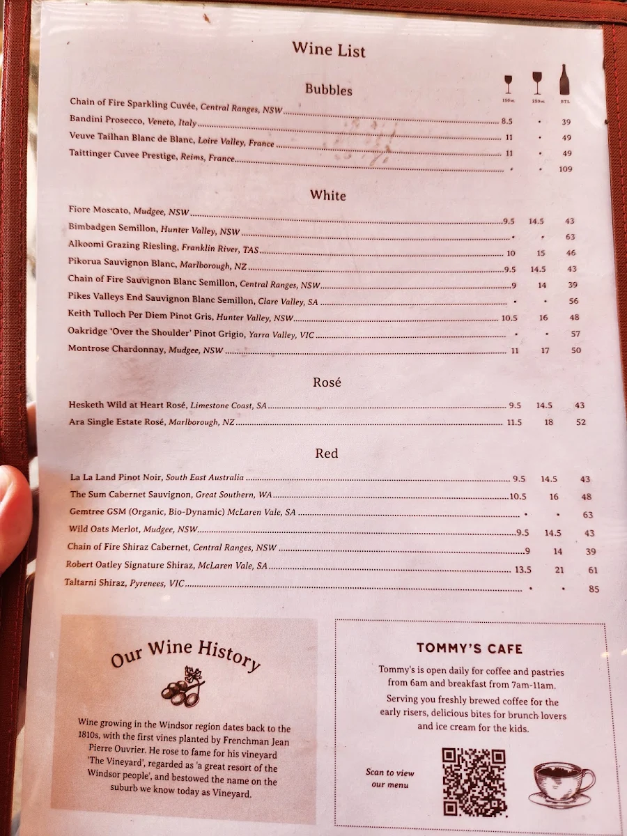 Menu, The Vineyard - Sydney