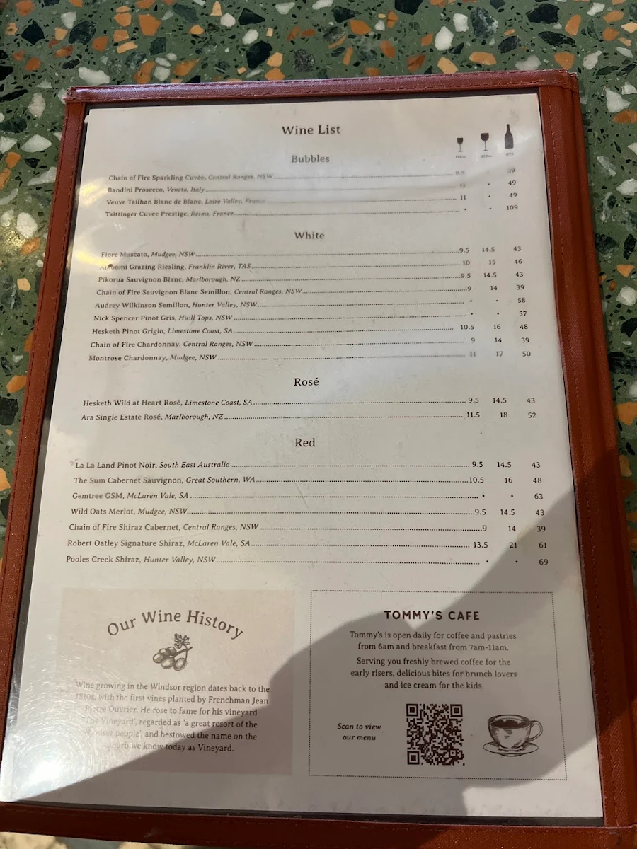 Menu, The Vineyard - Sydney
