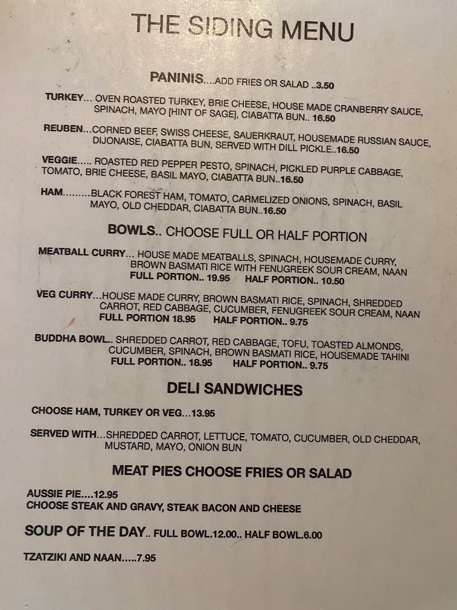 Menu, The Siding Café