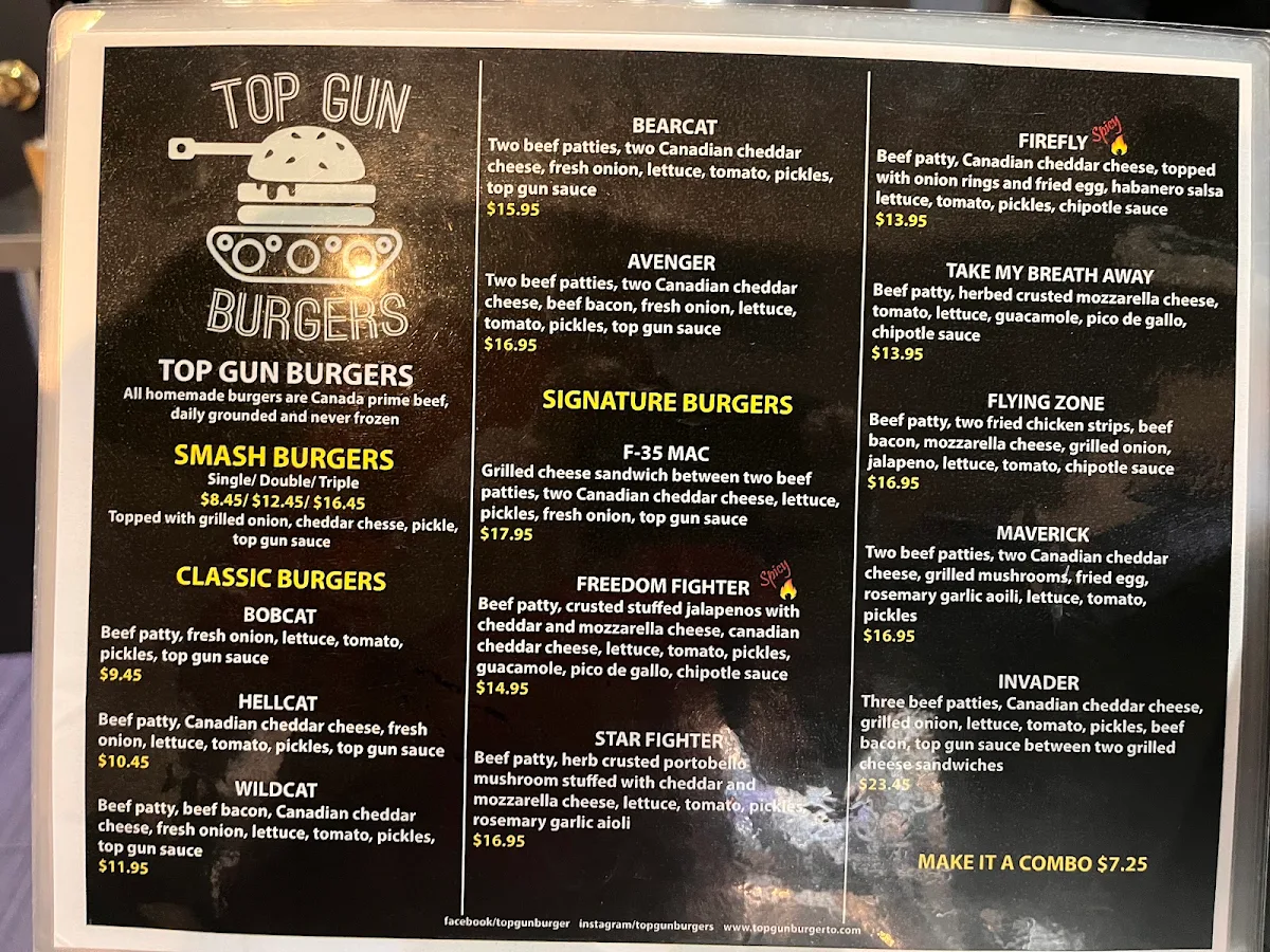 Menu, Top Gun Burger
