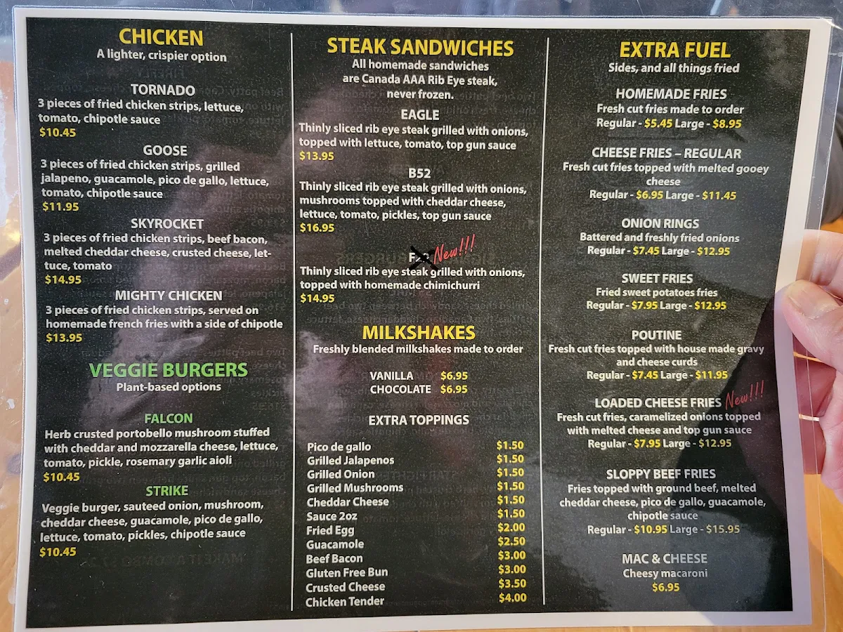 Menu, Top Gun Burger