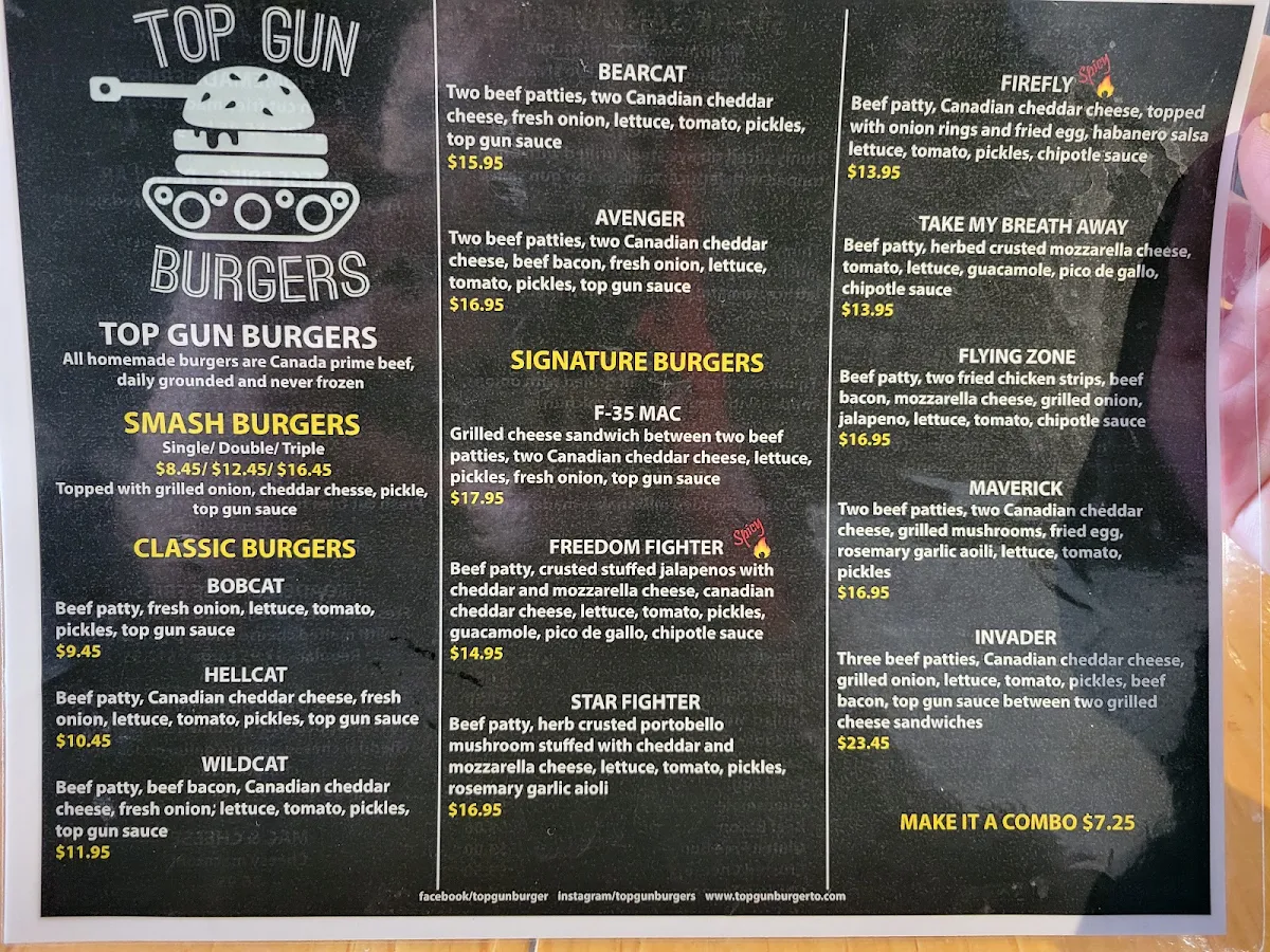 Menu, Top Gun Burger