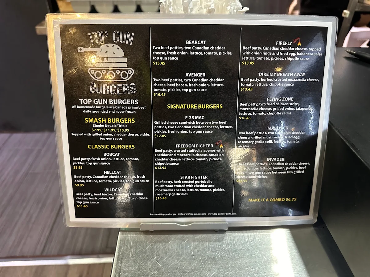 Menu, Top Gun Burger