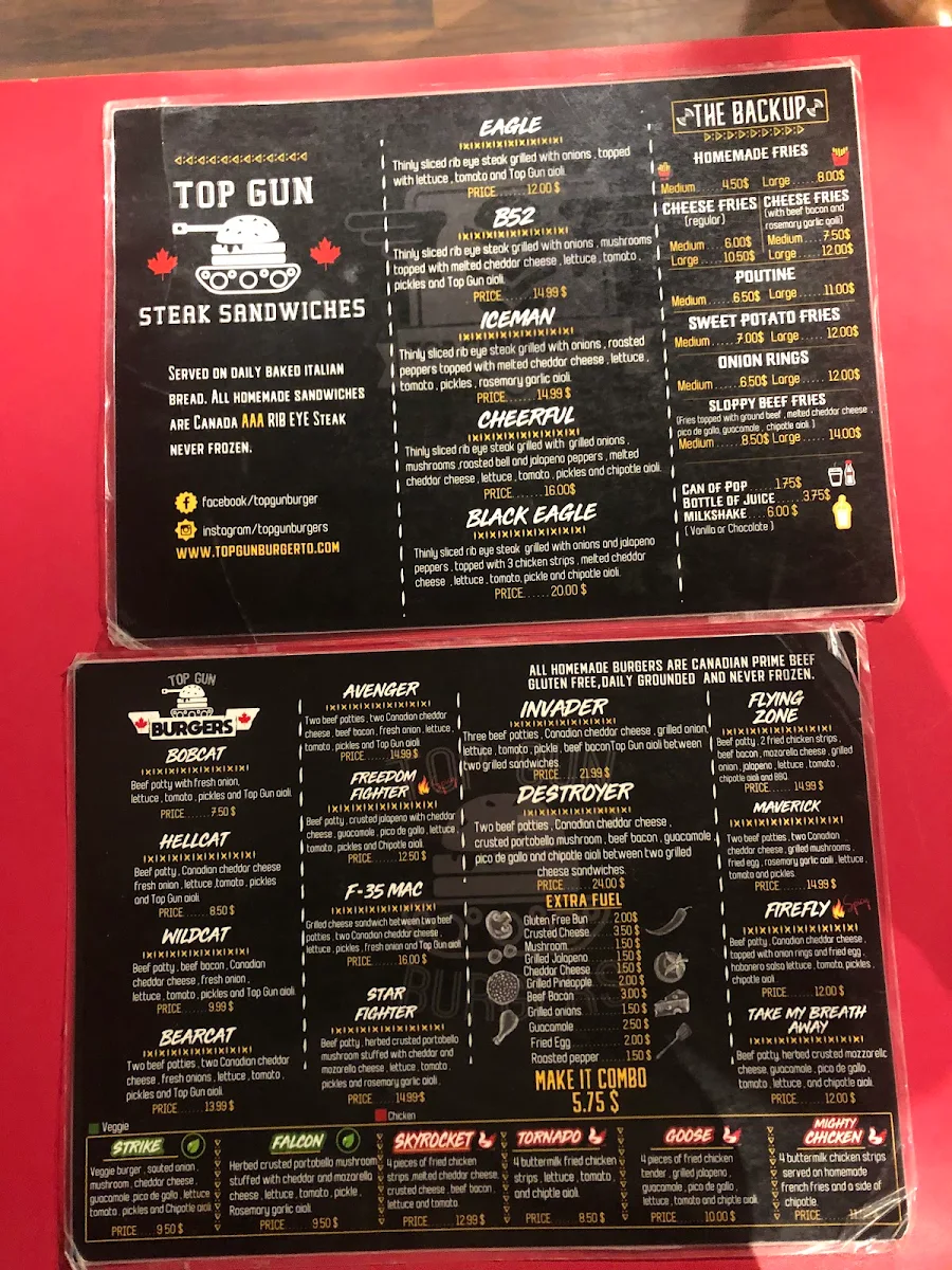Menu, Top Gun Burger