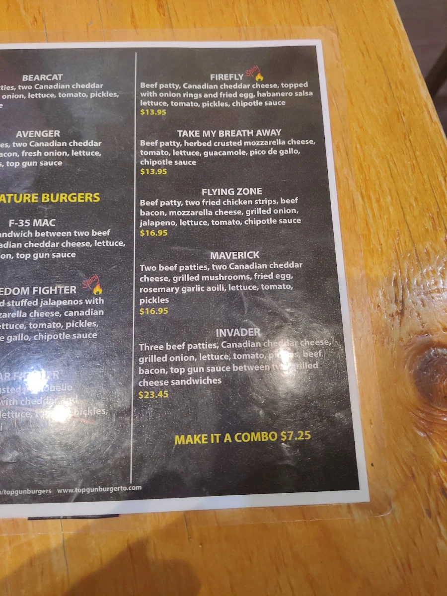 Menu, Top Gun Burger