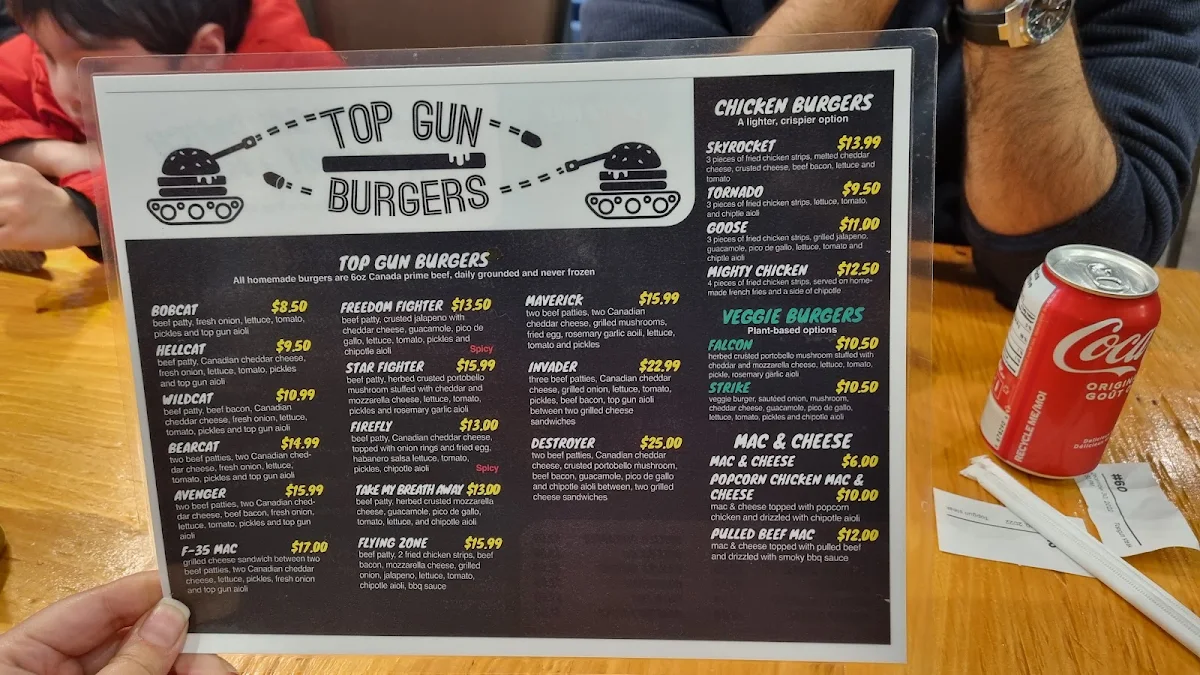 Menu, Top Gun Burger