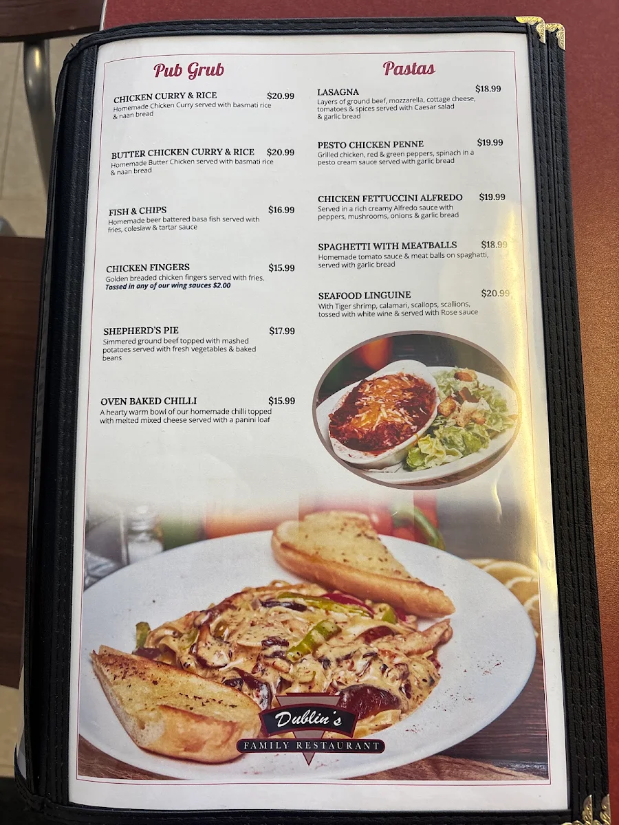 Menu, Dublin's Family Restaurant