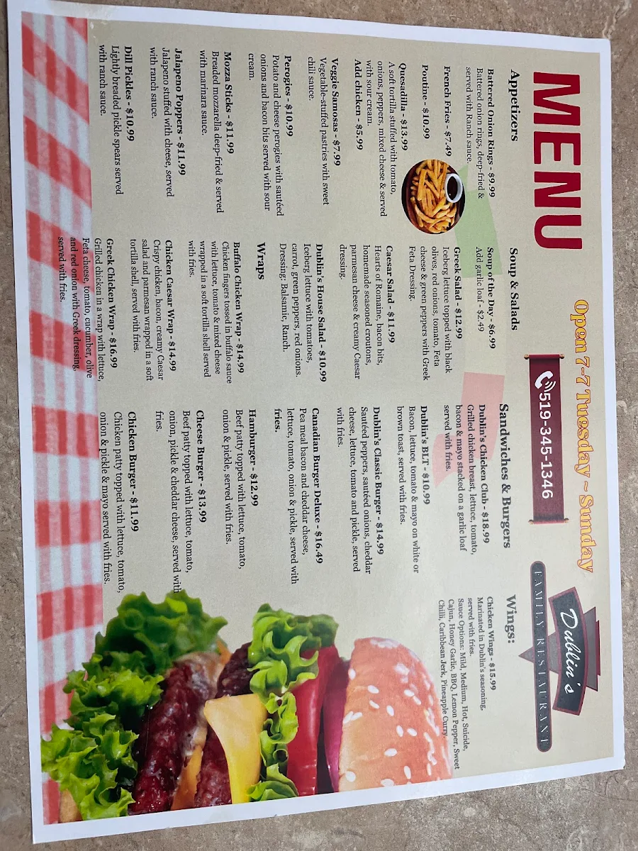 Menu, Dublin's Family Restaurant