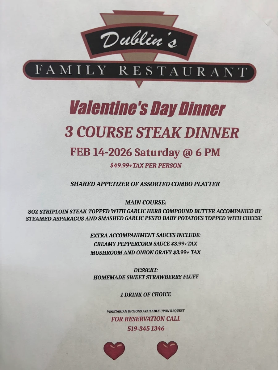 Menu, Dublin's Family Restaurant