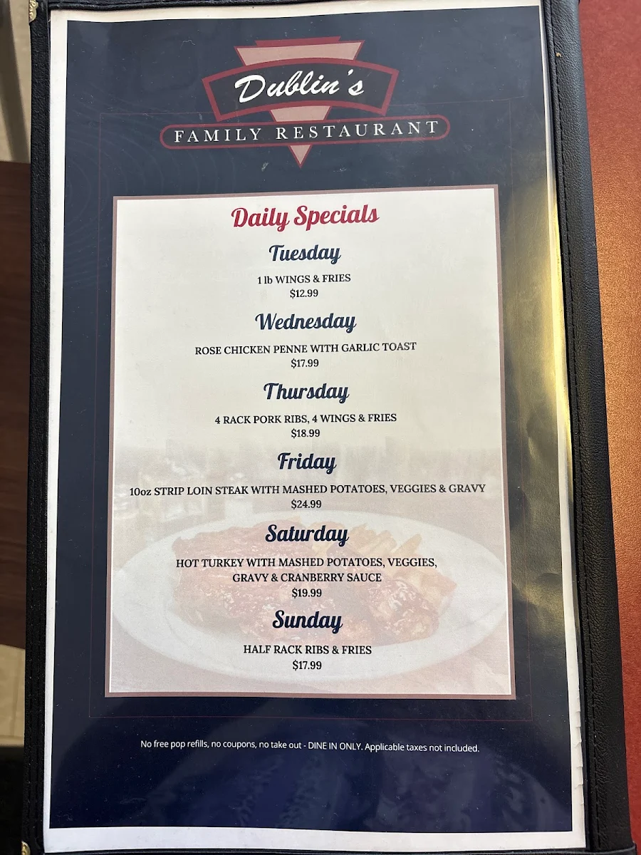 Menu, Dublin's Family Restaurant