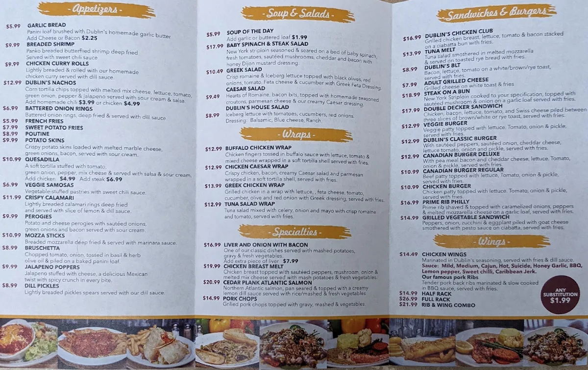 Menu, Dublin's Family Restaurant