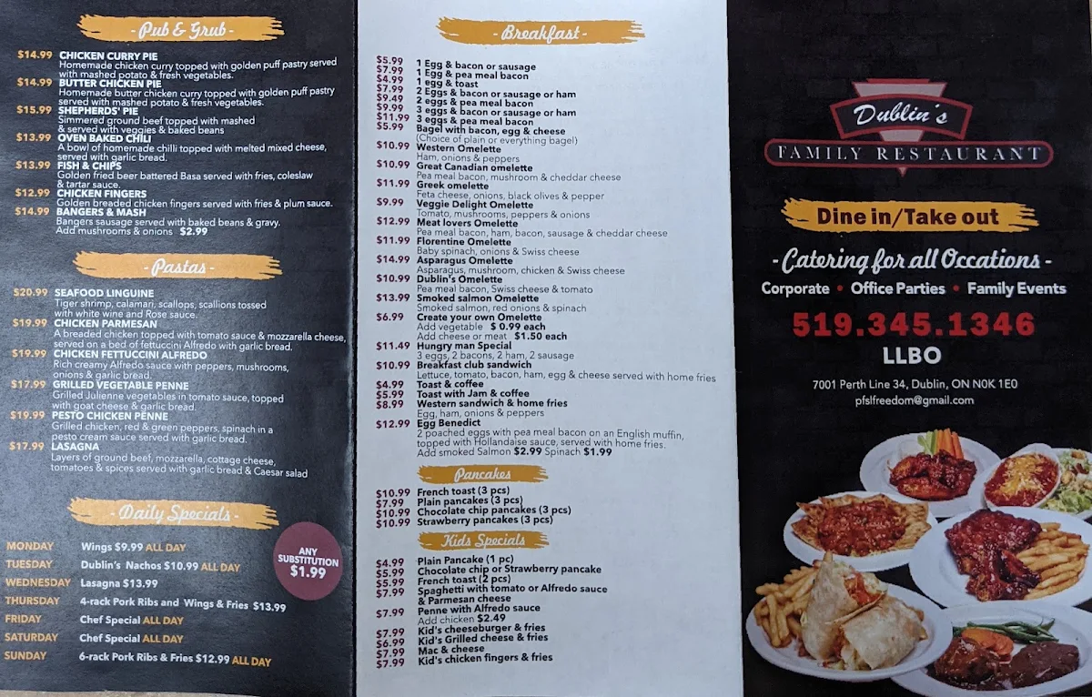 Menu, Dublin's Family Restaurant