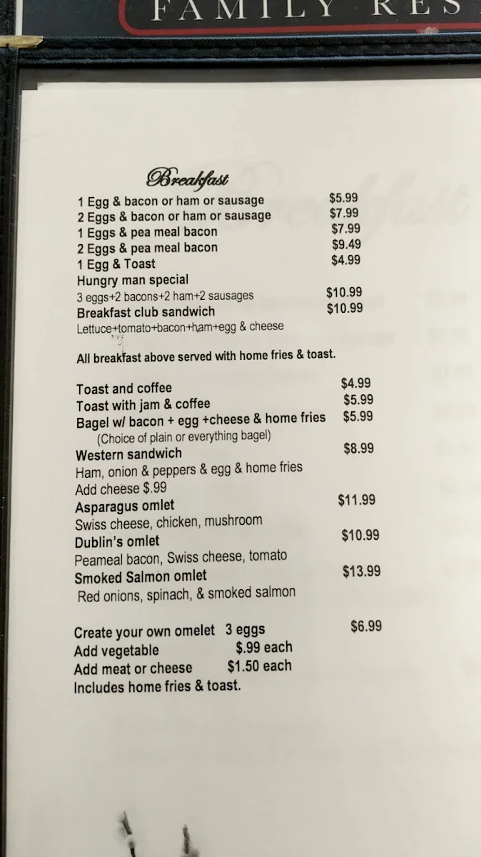 Menu, Dublin's Family Restaurant