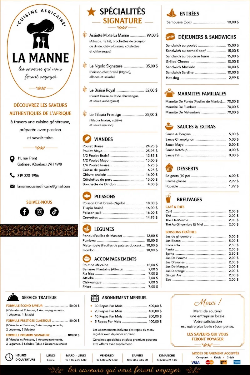 Menu, La Manne Cuisine Africaine