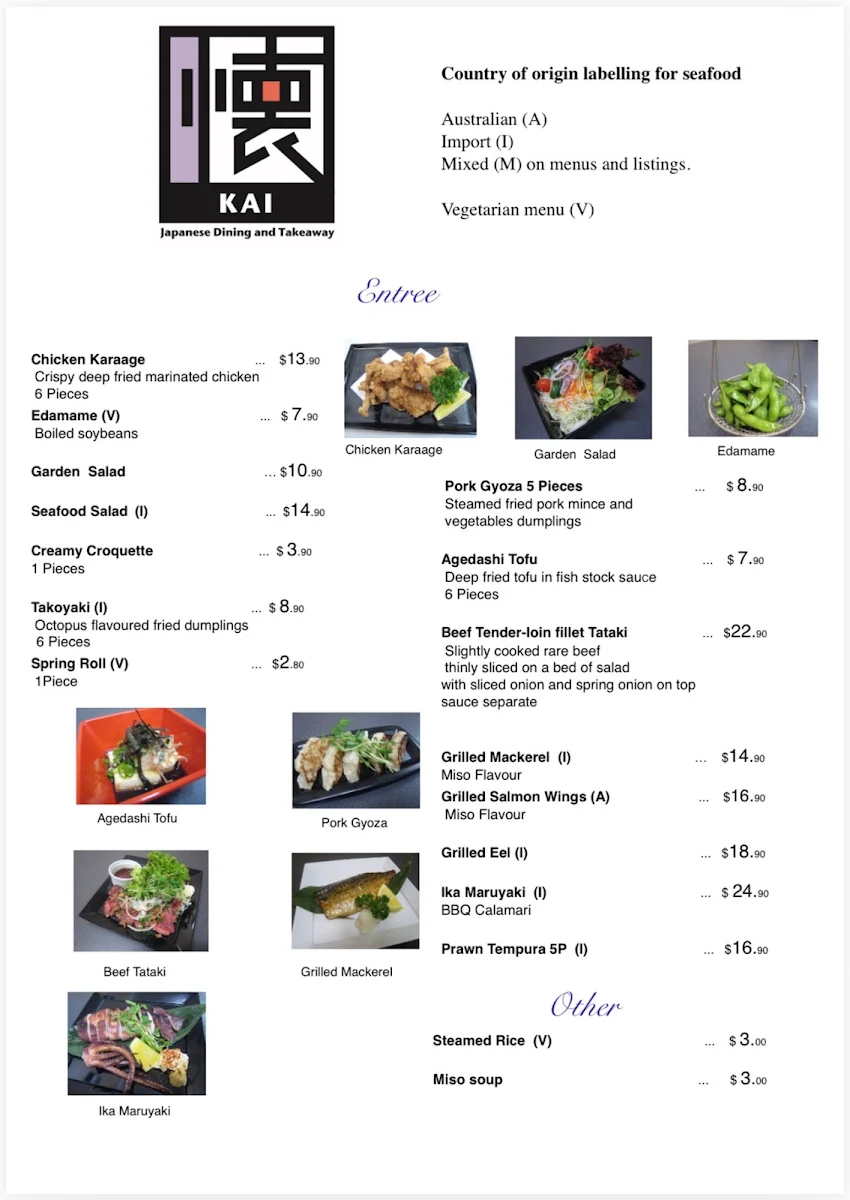 Menu, Kai Japanese
