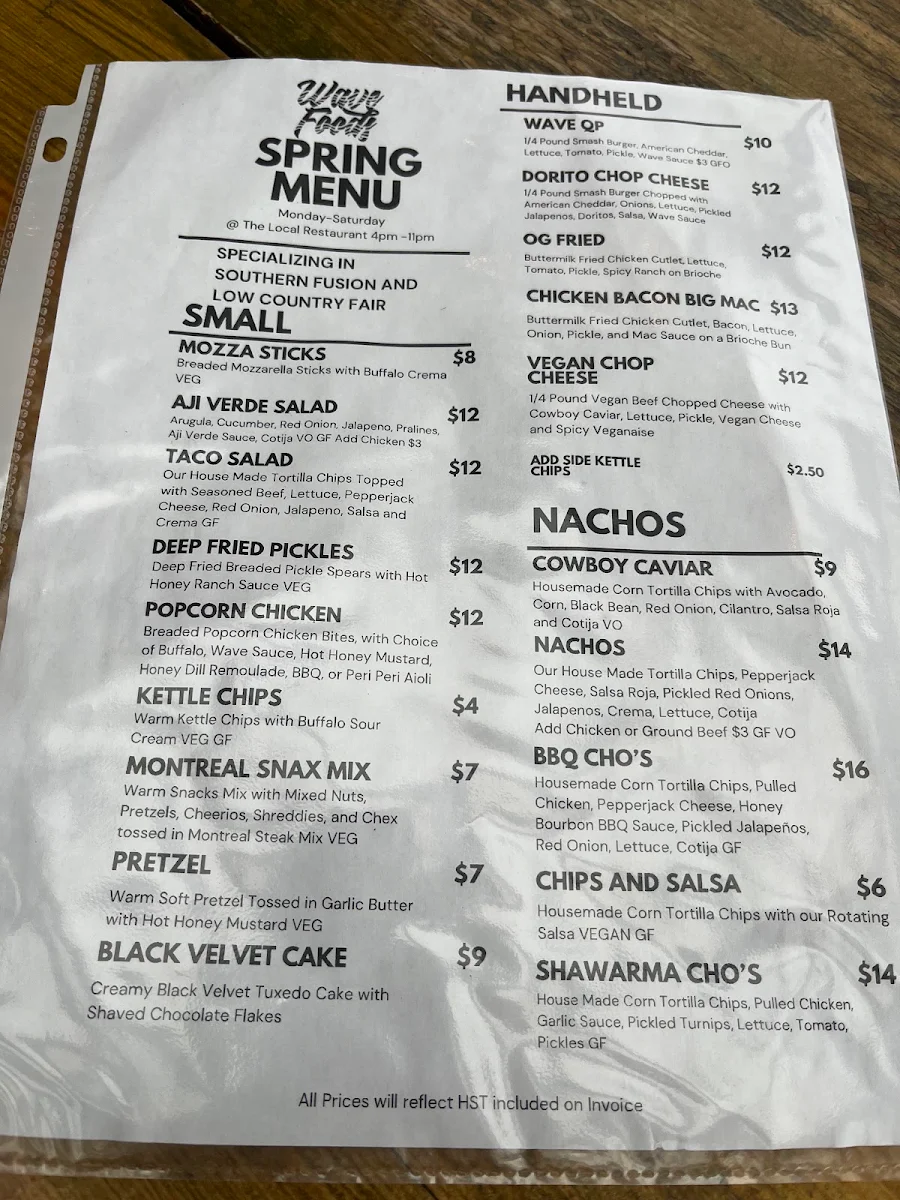 Menu, The Local Restaurant and Bar