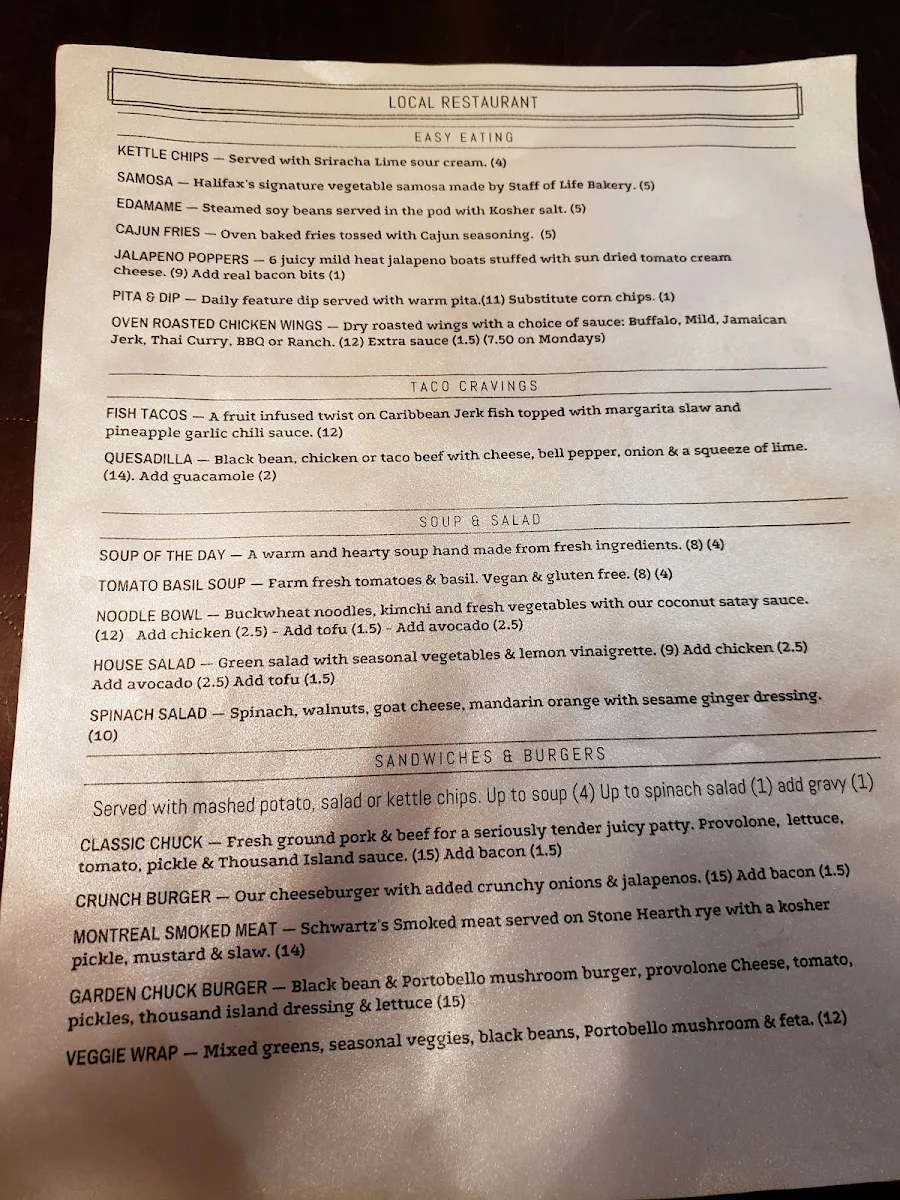 Menu, The Local Restaurant and Bar