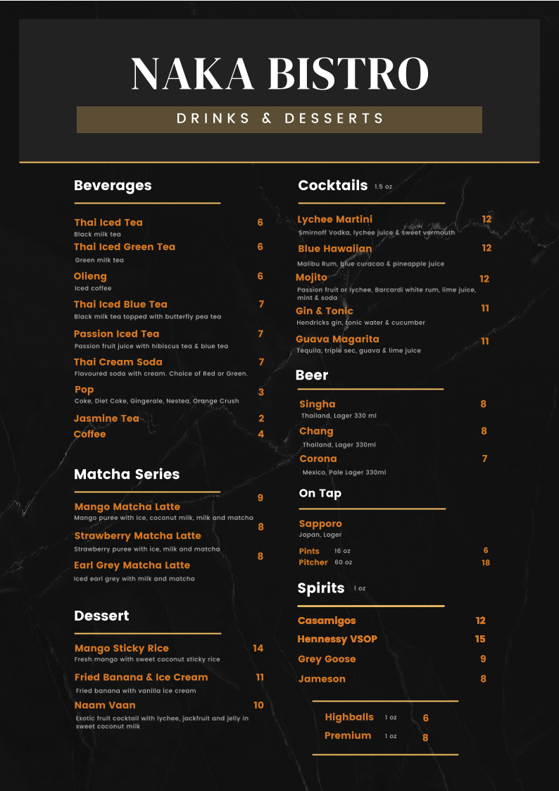 Menu, Naka Bistro Lao & Thai Cuisine
