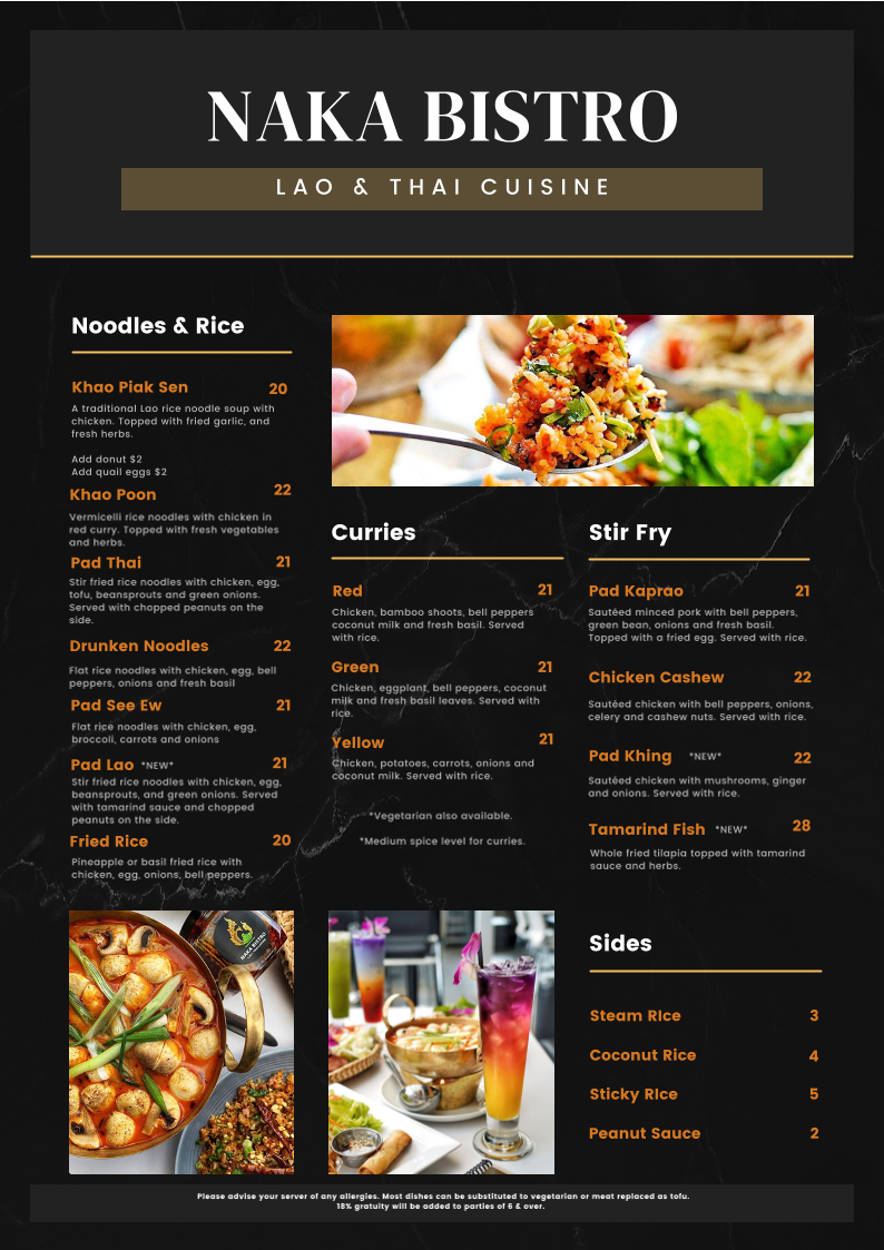 Menu, Naka Bistro Lao & Thai Cuisine