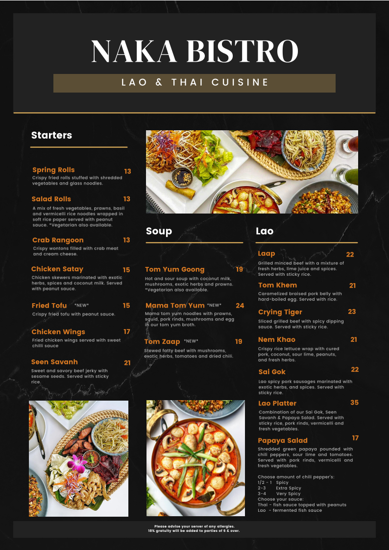 Menu, Naka Bistro Lao & Thai Cuisine
