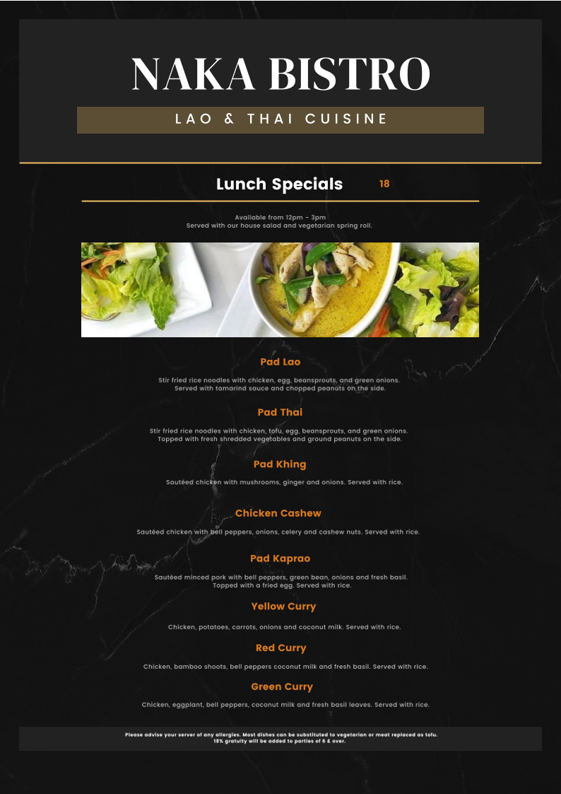 Menu, Naka Bistro Lao & Thai Cuisine