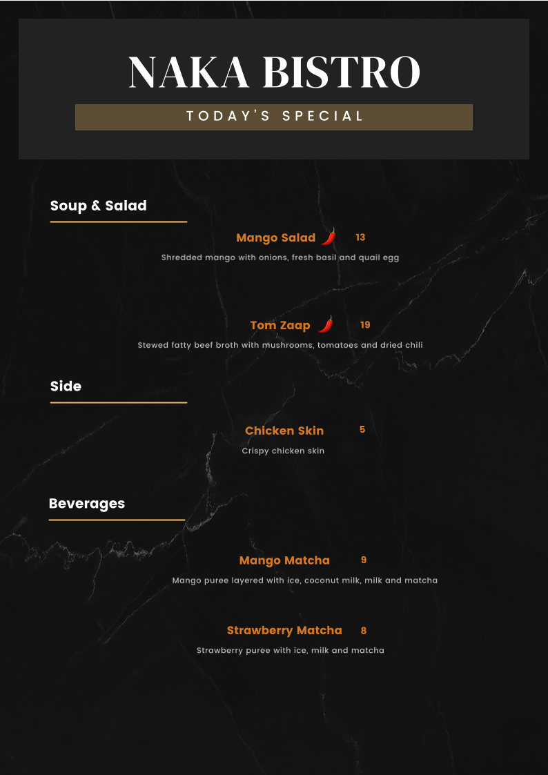 Menu, Naka Bistro Lao & Thai Cuisine
