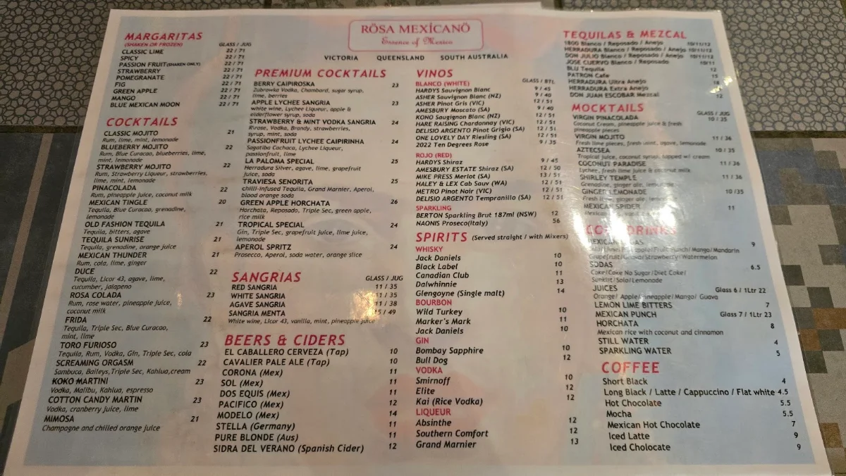 Menu, Rosa Mexicano - South Melbourne