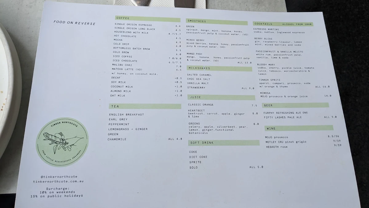 Menu, Tinker Northcote