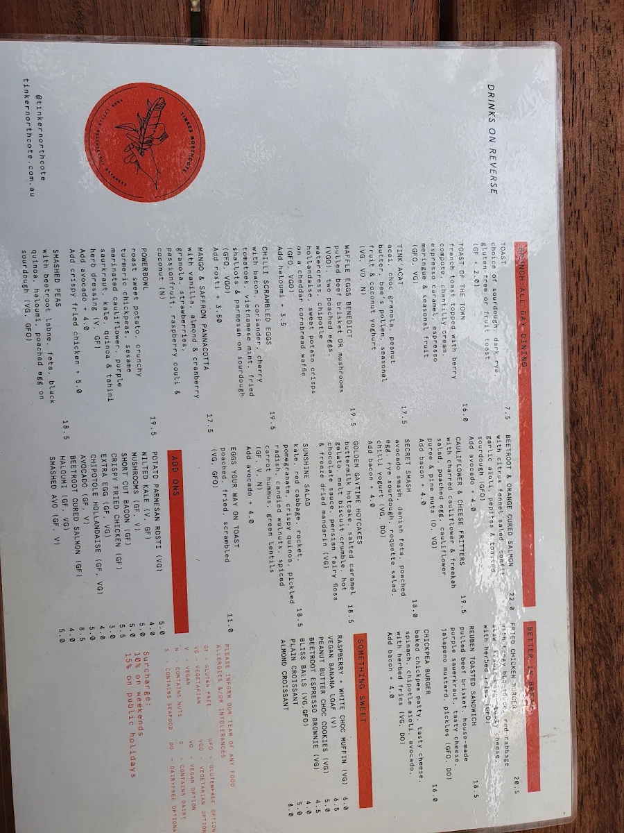 Menu, Tinker Northcote