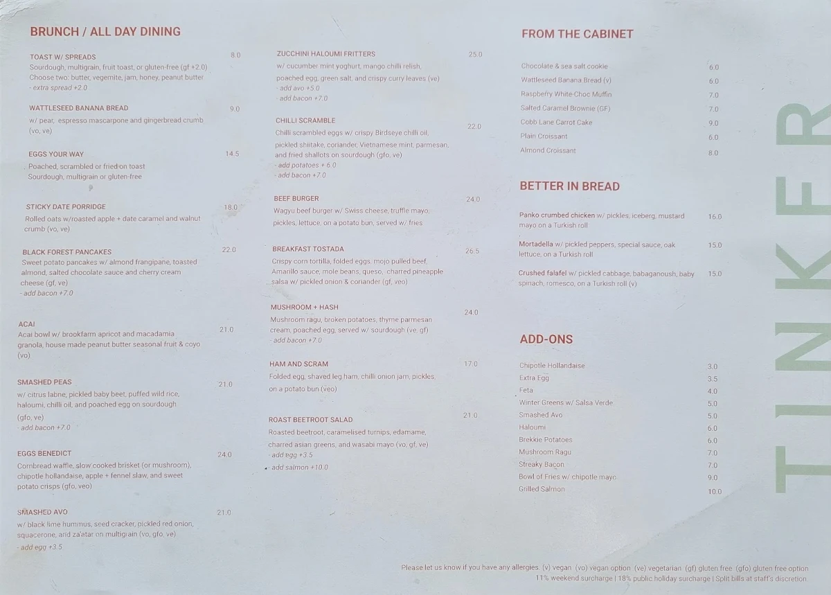 Menu, Tinker Northcote