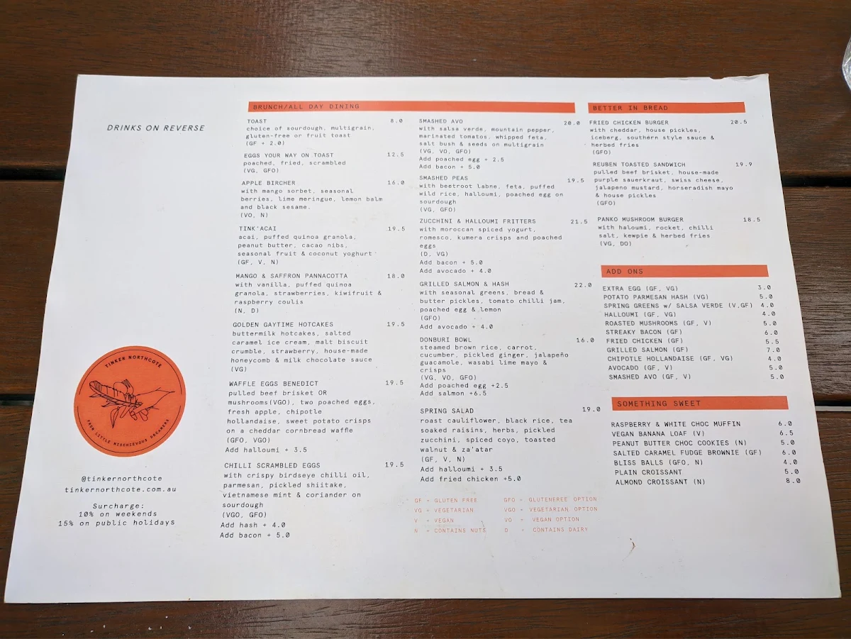 Menu, Tinker Northcote