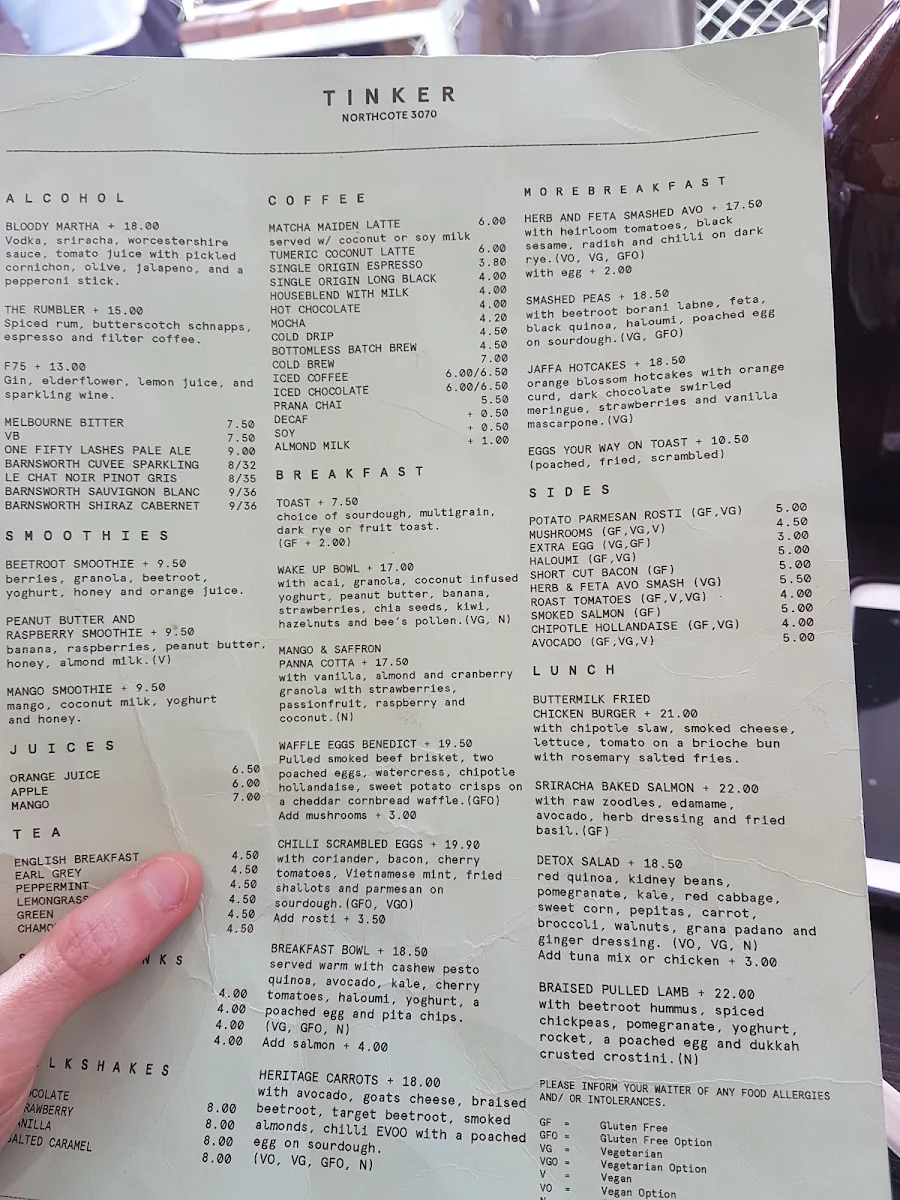 Menu, Tinker Northcote