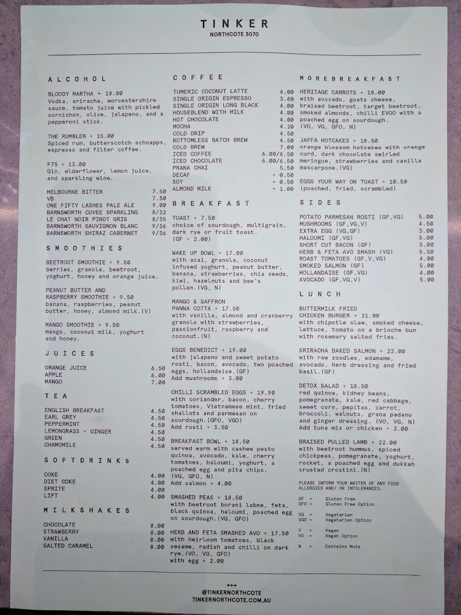 Menu, Tinker Northcote