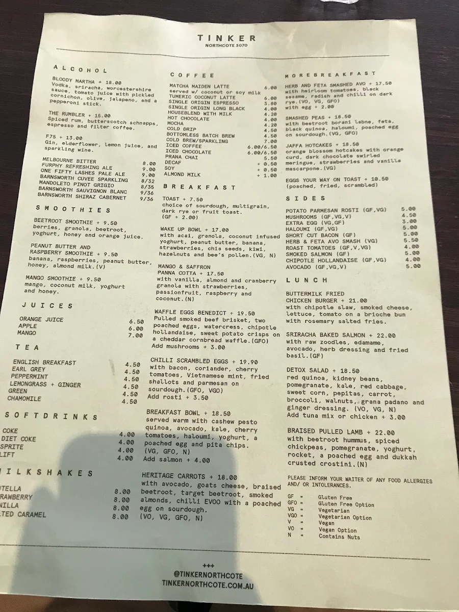 Menu, Tinker Northcote