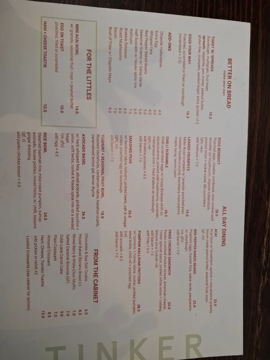 Menu, Tinker Northcote