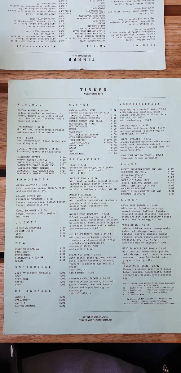 Menu, Tinker Northcote