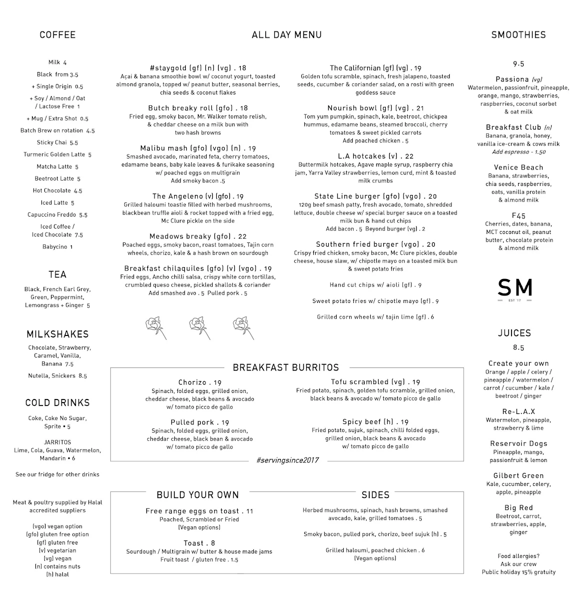 Menu, Sycamore Meadows Melbourne