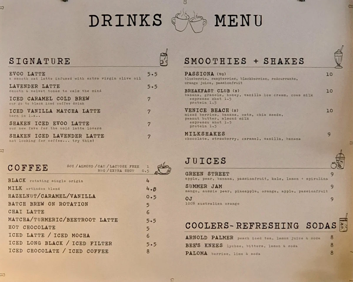 Menu, Sycamore Meadows Melbourne