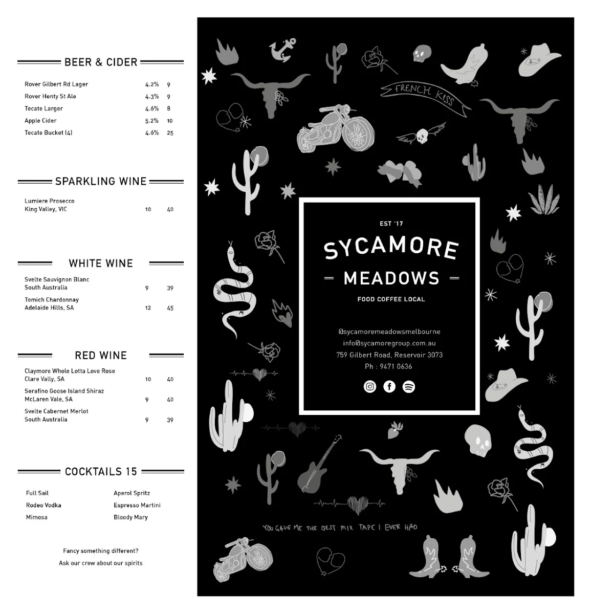 Menu, Sycamore Meadows Melbourne
