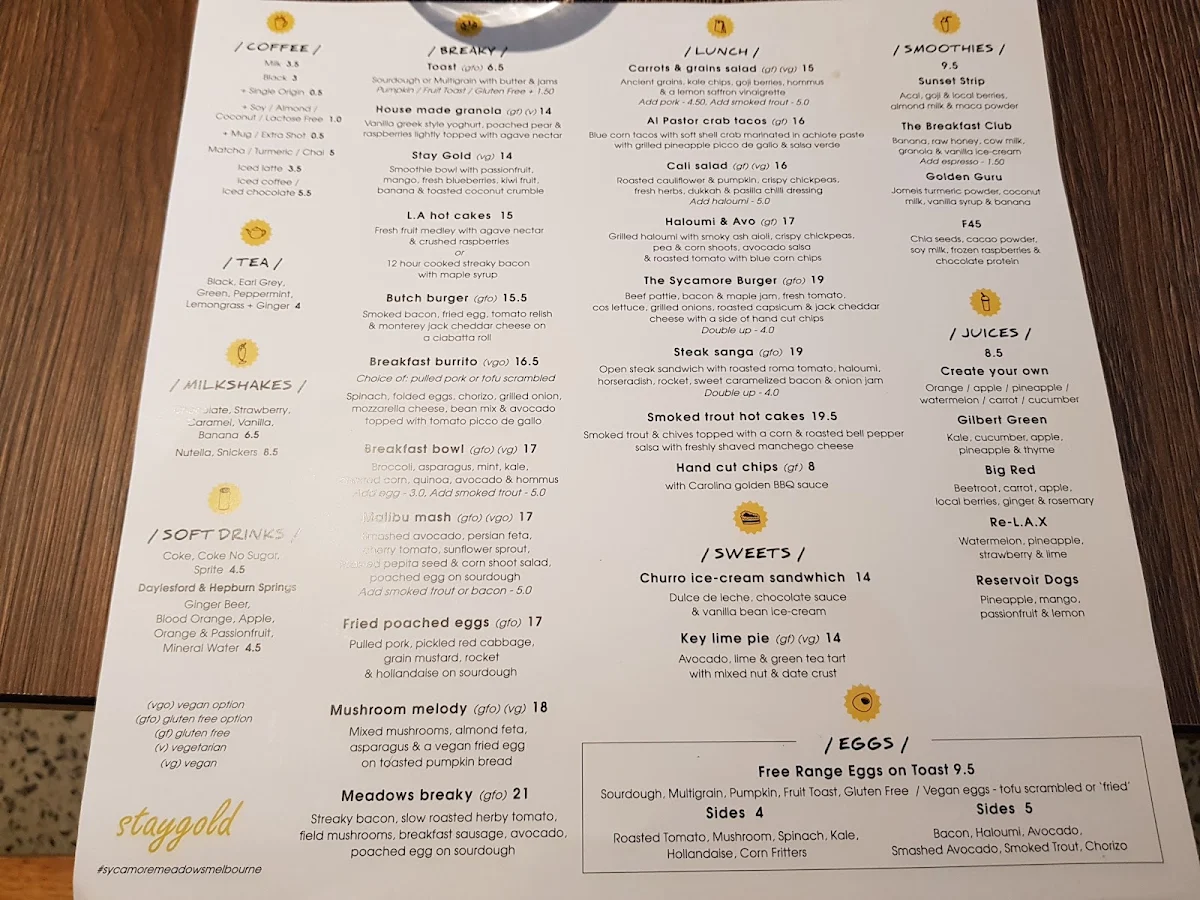 Menu, Sycamore Meadows Melbourne